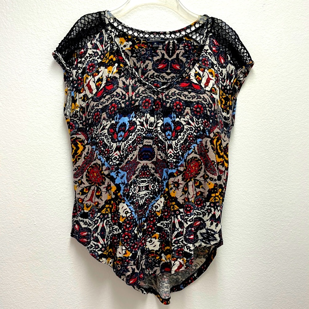 Lucky Brand BoHo Top Size M Cap Sleeve V-Neck Cutouts